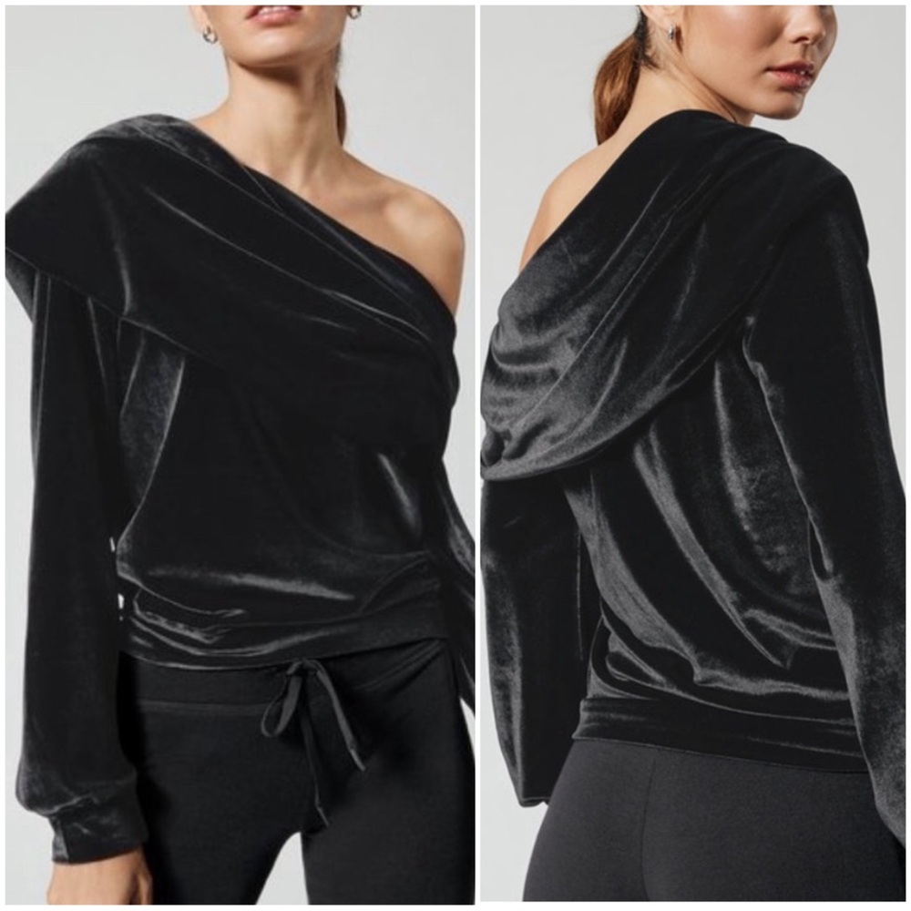 •CARBON38• Black Velvet Off-the-Shoulder Drape‎ Pullover Sweatshirt Size XS